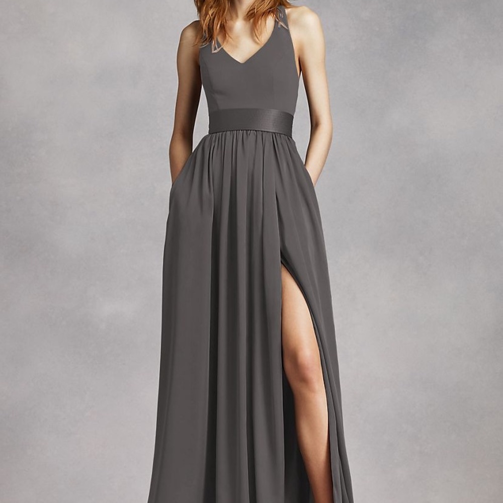 Vera Wang V Neck Halter Gown with Sash